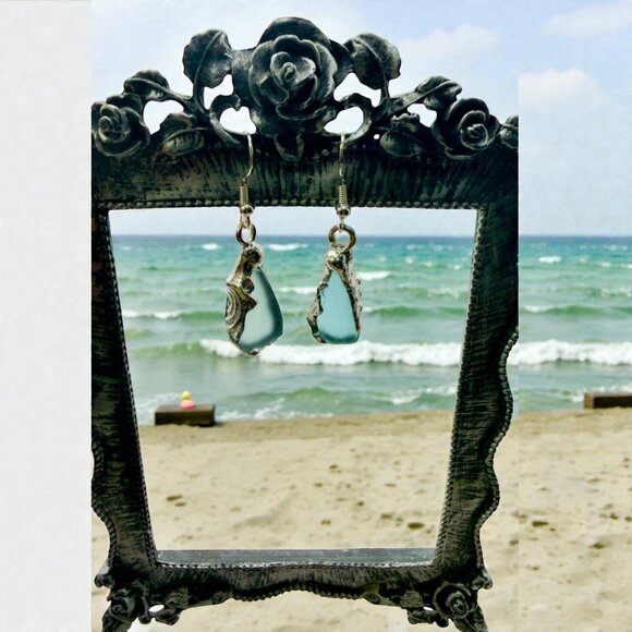 Handmade Sea Glass Earrings With Artisan Silver Blend Cabochons & 925 Hooks - Picture 9 of 13